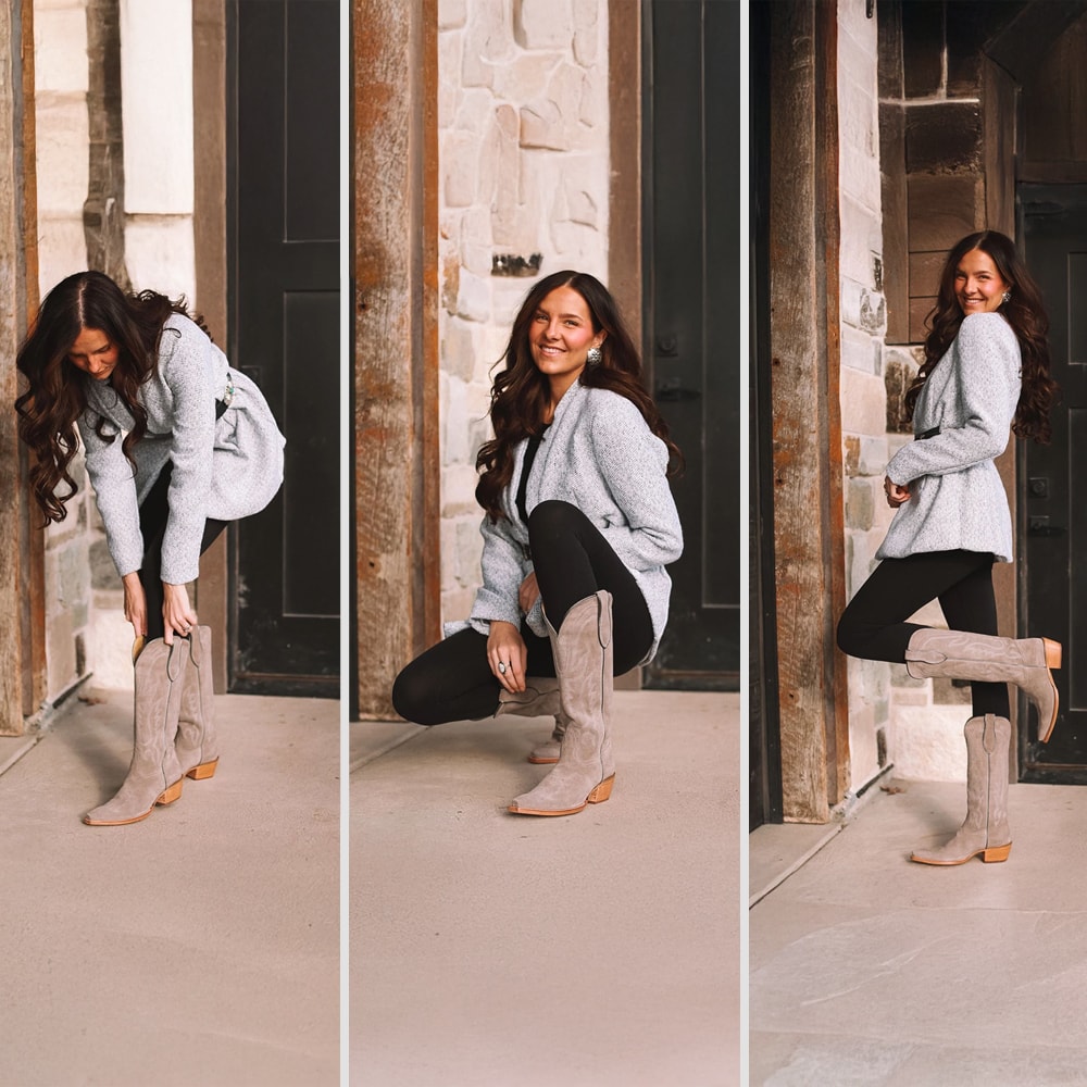 Un montaje de imágenes de una mujer en varias poses diferentes usando la bota Liz 15” Suede en Ash Grey.